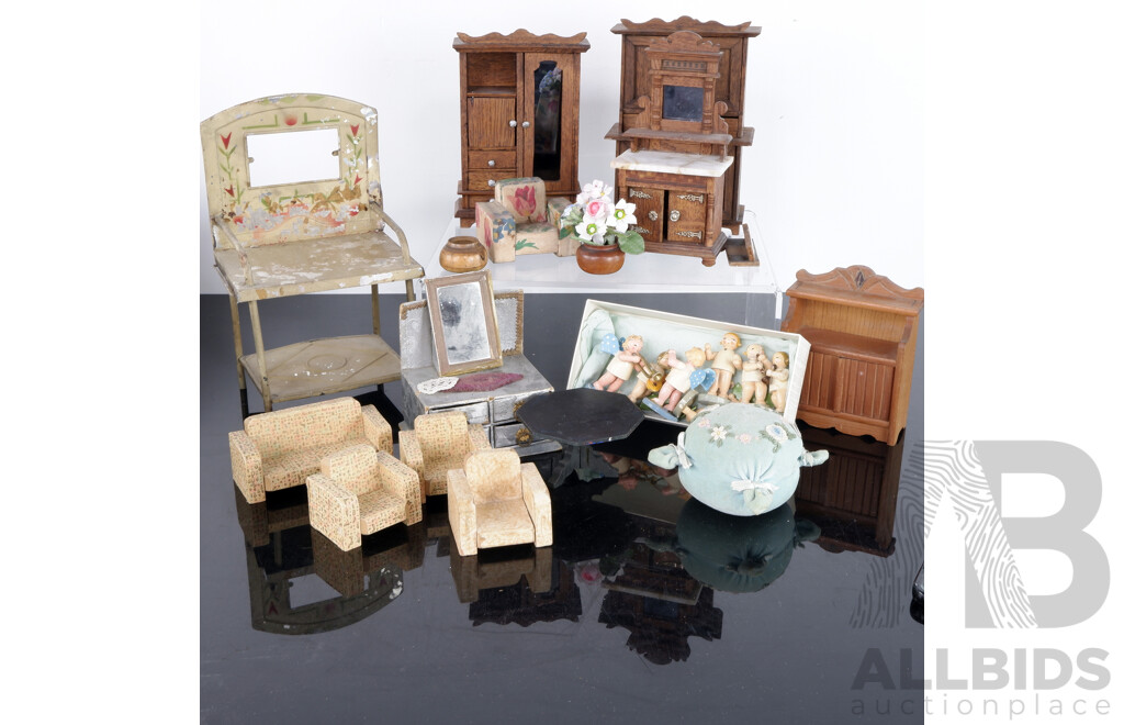 Collection Antique & Vintage Dolls House Furniture & Ephemera Including Wooden Wardrobes, Doll Band and More