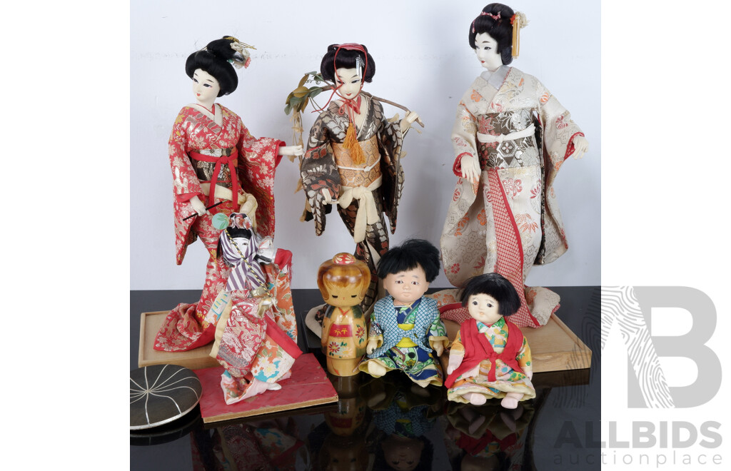 Collection Seven Vintage Japanese Dolls Including Geisha, Ichimatsu and More