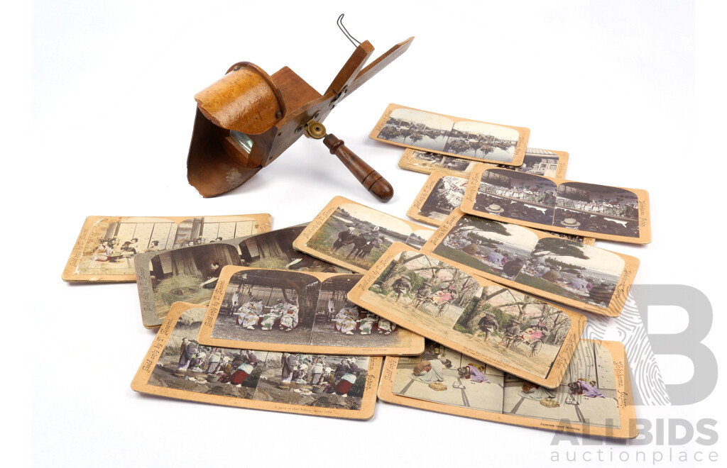 Antique Wooden Stereoscope with Views of Japan