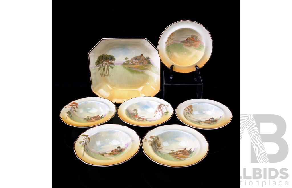 Antique Royal Doulton Porcelain Trifle Set Consisting of Hexagonal Form Serving Bowl with Six Small Bowls, Each with Different Hand Painted Cottage Scene , D4927