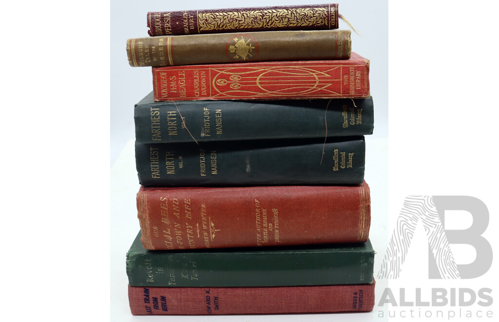 Collection Antique & Vintage Books Relating to Travel & Exploration Including Nansens Farthest North in Two Volumes 1897 and More