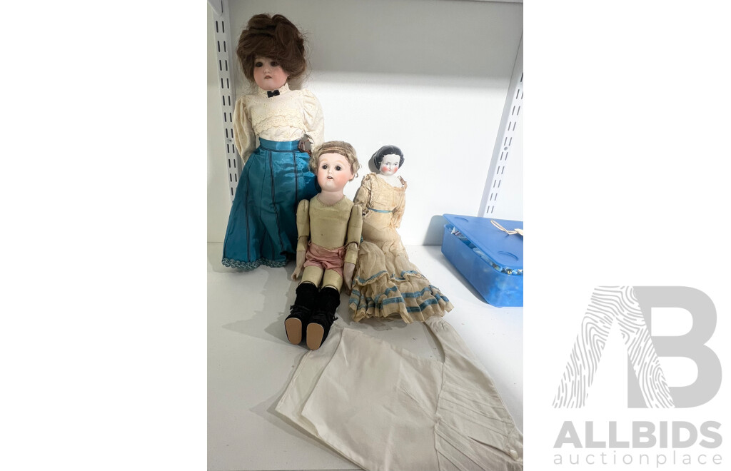 Three Antique Porcelain Composite Dolls Including Leather Stitched Doll, Armand Marseille Bisque Head Doll