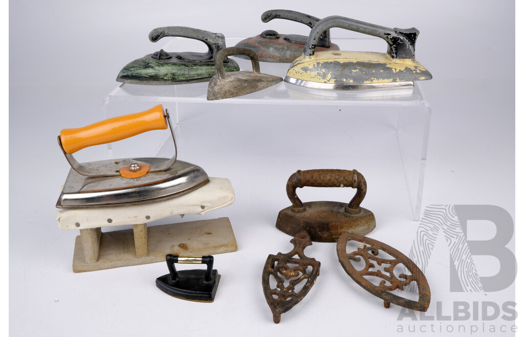 Collection of Seven Vintage Child Toy Irons Includes Australian Cherub Iron