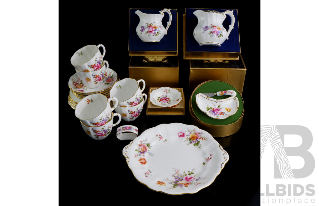 Great Collection Royal Crown Derby Porcelain in Derby Posies Pattern Including Two Jugs, Small PLate and Butter Pat with Knife, All in Original Boxes