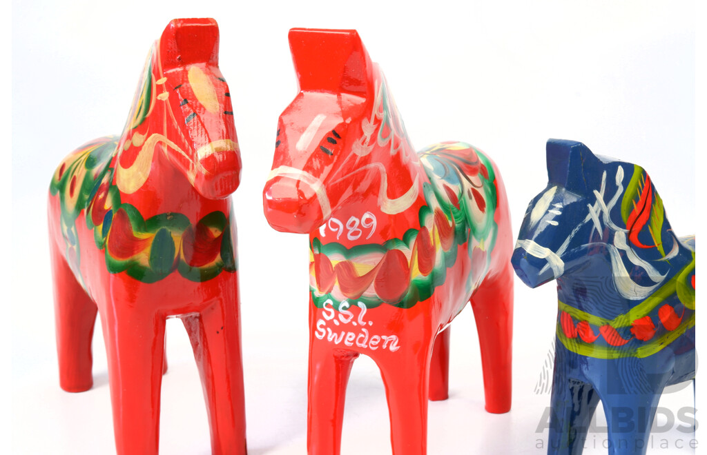 Collection Three Vintage Dala Hand Painted Wooden Horse Figures by Nils Olsen