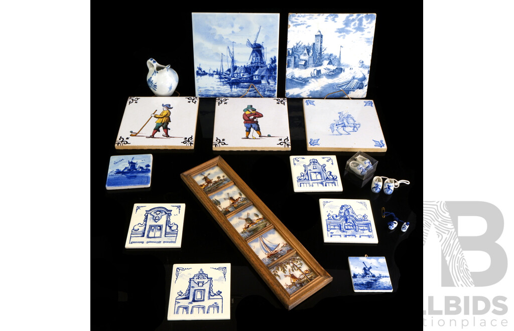 Collection of Dutch Delft Ware Includes Tiles, Jug, Miniature Clogs and More