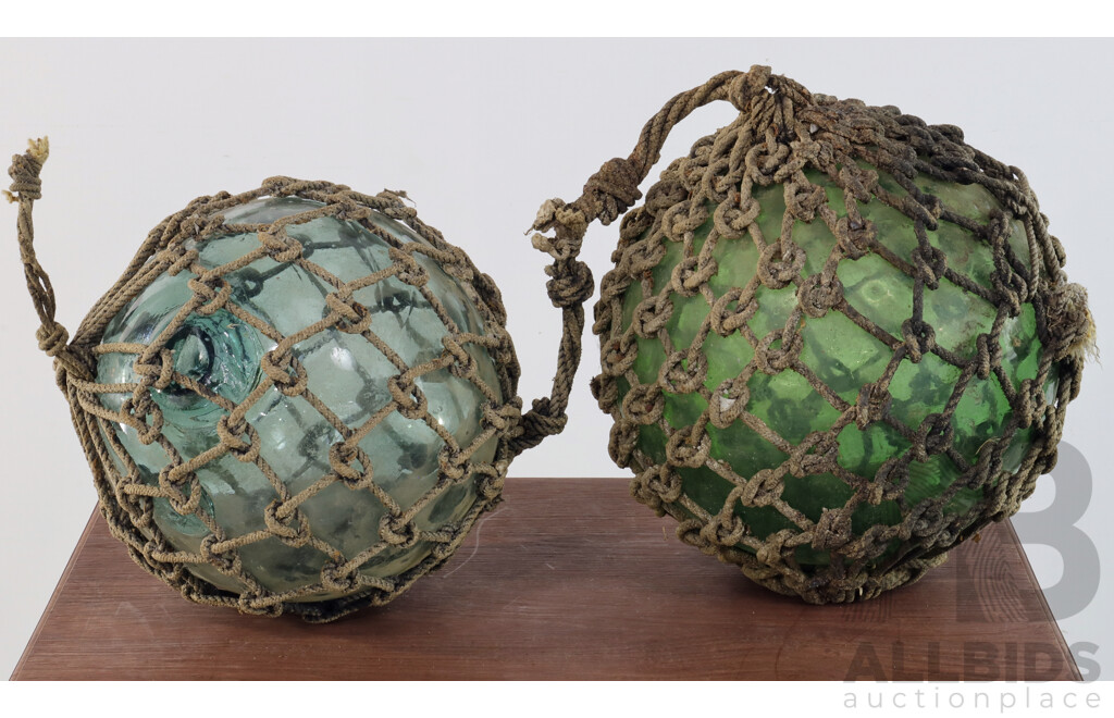 Two Large Vintage Japanese Glass Fishing Floats with Original Nets