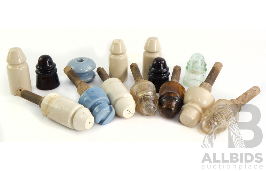 Collection of Fourteen Vintage Ceramic and Glass Electrical Insulators in Various Sizes Including Crown Crystal Glass Examples