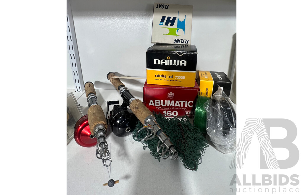 Collection of Fishing Gear Includes Daiwa and Abumatic Reels, HH Telescopic Rods and More