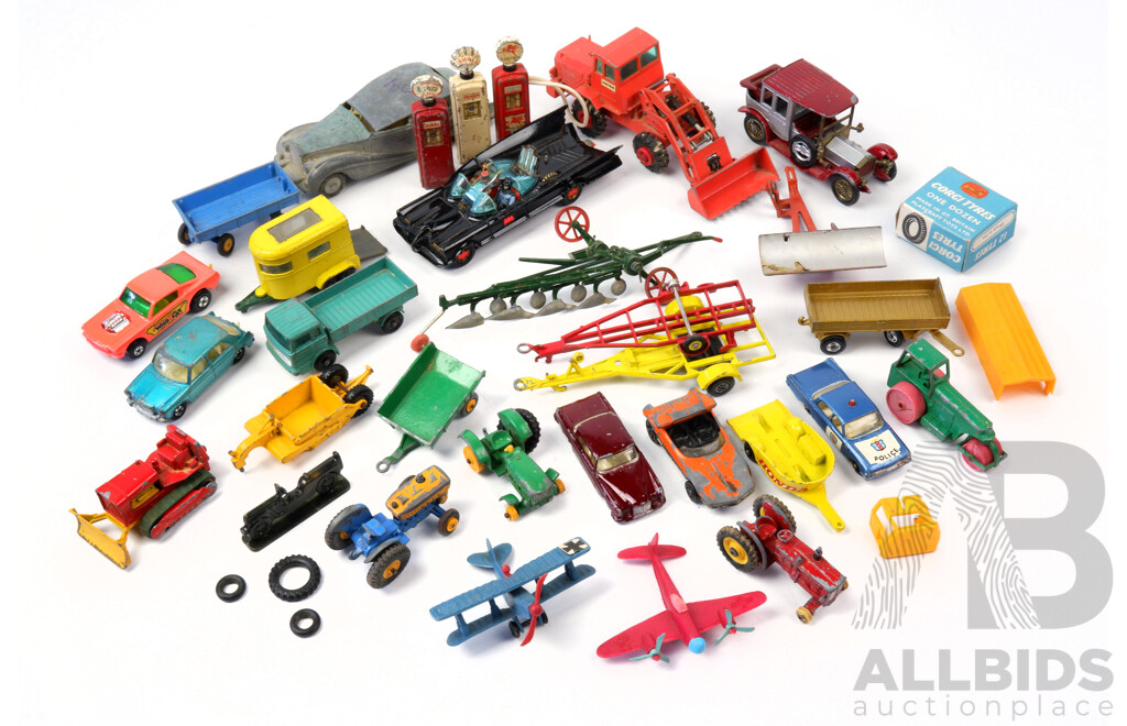 Collection of Vintage Metal and Plastic Toy Cars Inclues Corgie Bat Mobile, Matchbox Farm Equipment and More