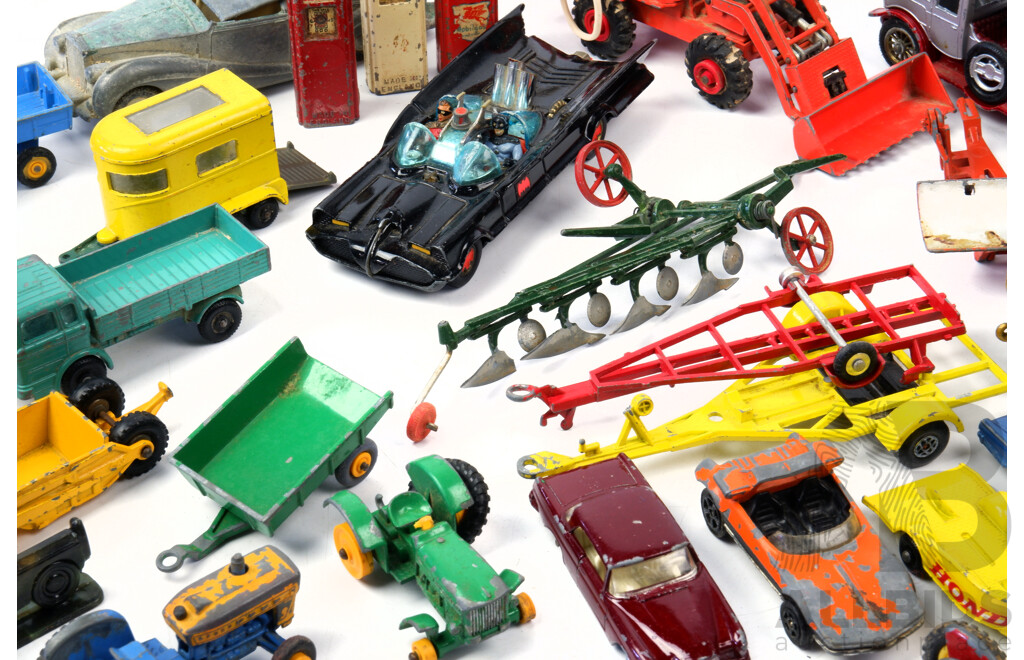 Collection of Vintage Metal and Plastic Toy Cars Inclues Corgie Bat Mobile, Matchbox Farm Equipment and More