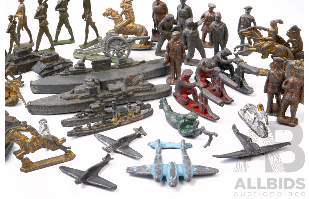 Collection of Antique Lead Model Toys Including World War One Soldiers, Battleships, Indians and More