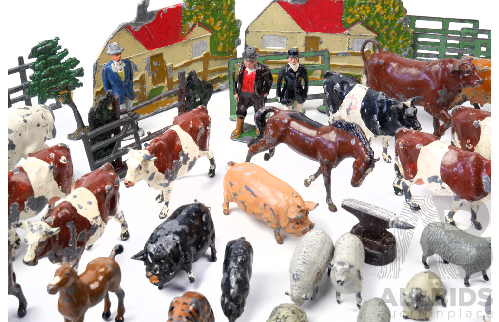 Collection of Vintage Painted Lead and Metal Farm Toys Includes Animals, People, Fences and More