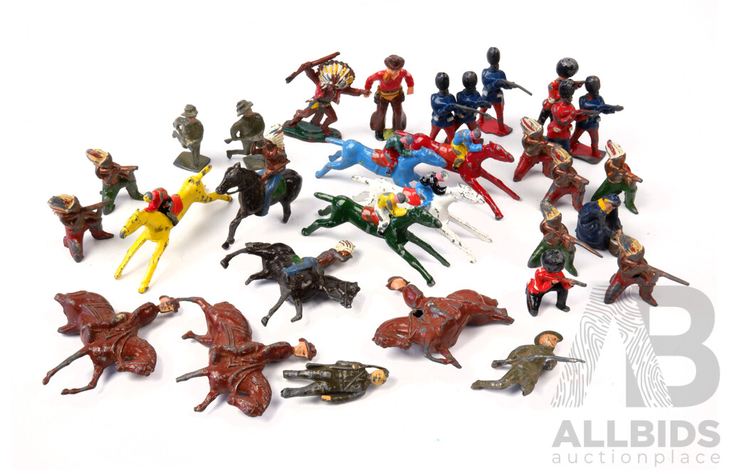 Collection of Vintage Painted Lead and Metal Toys Includes Soldiers, Chad Valley Racing Horses and More