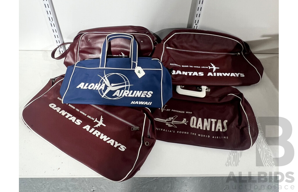 Collection of Five Vintage Airline Travel Bags Including Qantas and Aloha Hawaii