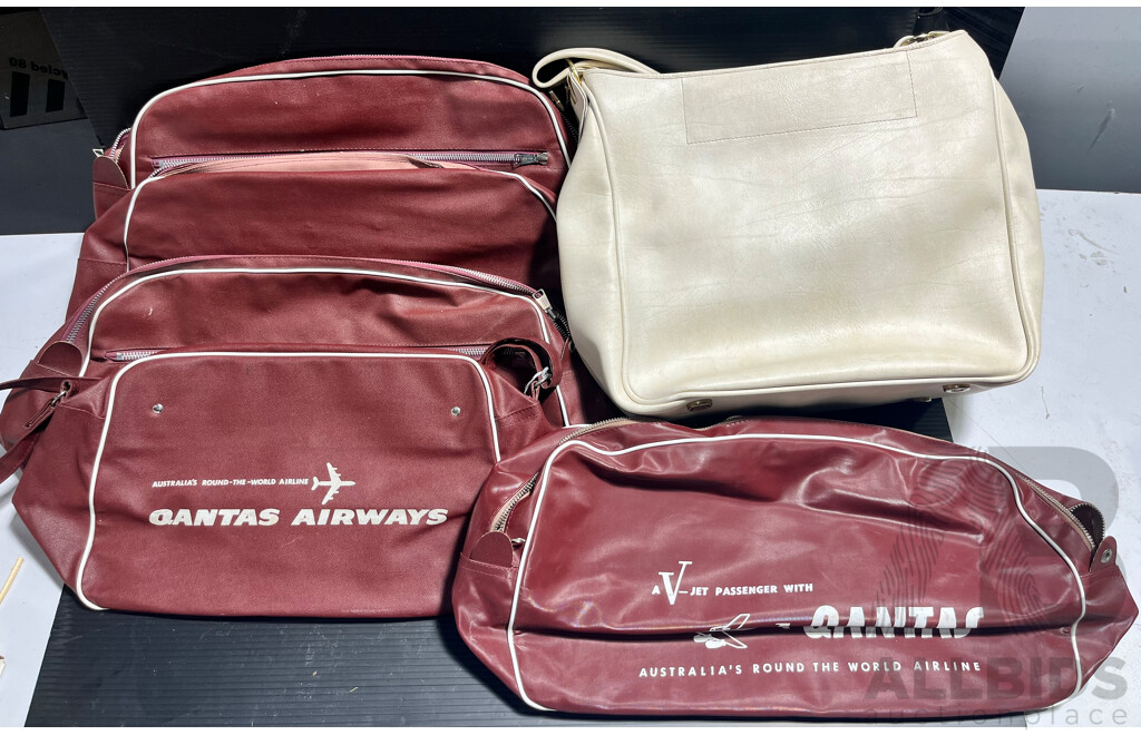 Collection of Six Vintage Qantas Travel Bags Includes Rare White Example