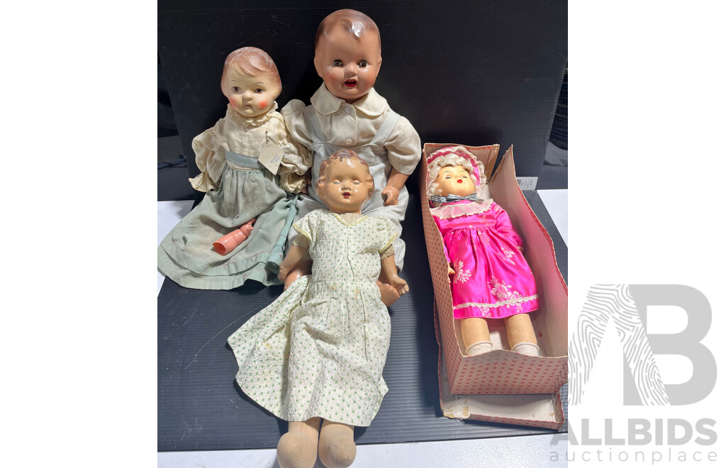 Four Vintage Composite Dolls Includes Three with Stands and One in Original Box