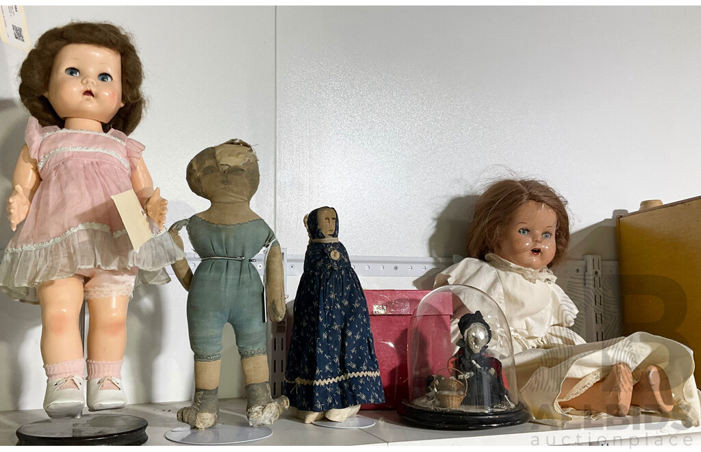 Collection of Five Antique and Vintage Dolls Includes Primitive Wooden Doll, Doll Under Glass Dome and More