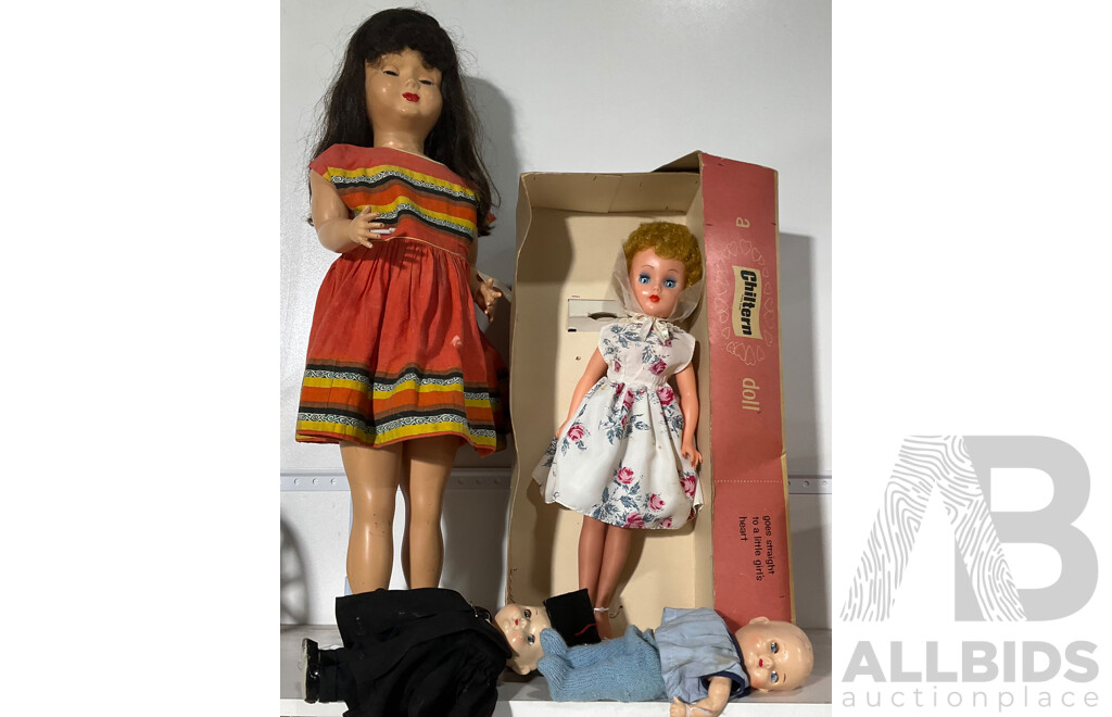 Four Vintage Dolls Includes Large Chiltern Doll in Original Box, Graduation Doll
