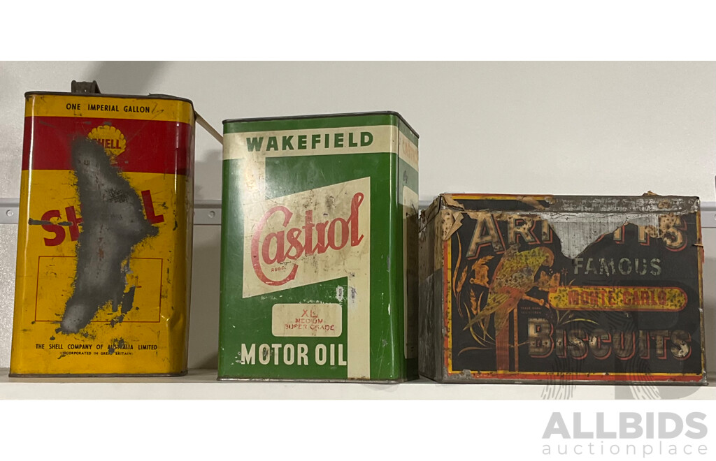 Collection Two Vintage Oil Tins Along with Antique Arnotts Tin