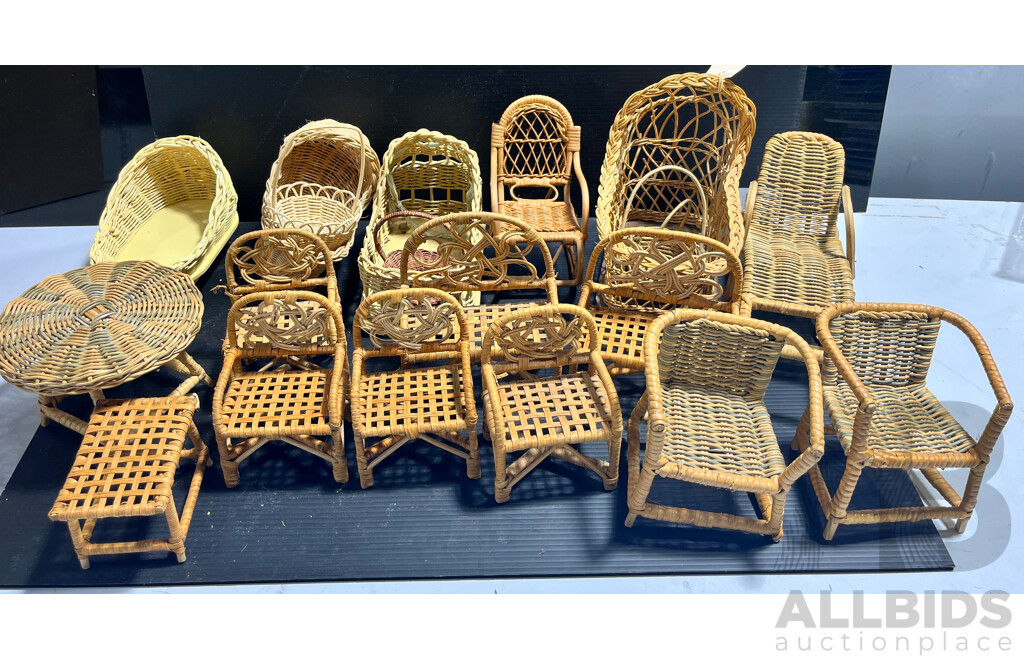 Collection of 20 Peices of Vintage Cane Dolls Furniture Includes Green Striped Outdoor Setting, Cradles, Baskets and More