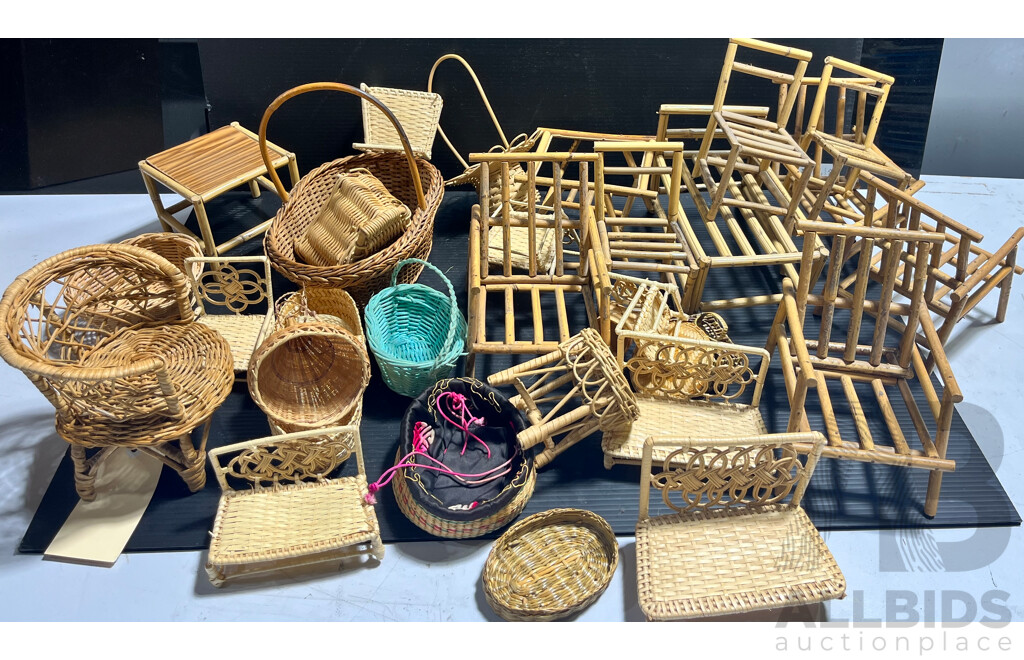 Large Collection of Vintage Cane Dolls Furniture Includes Bamboo Setting, Cane Chair and More