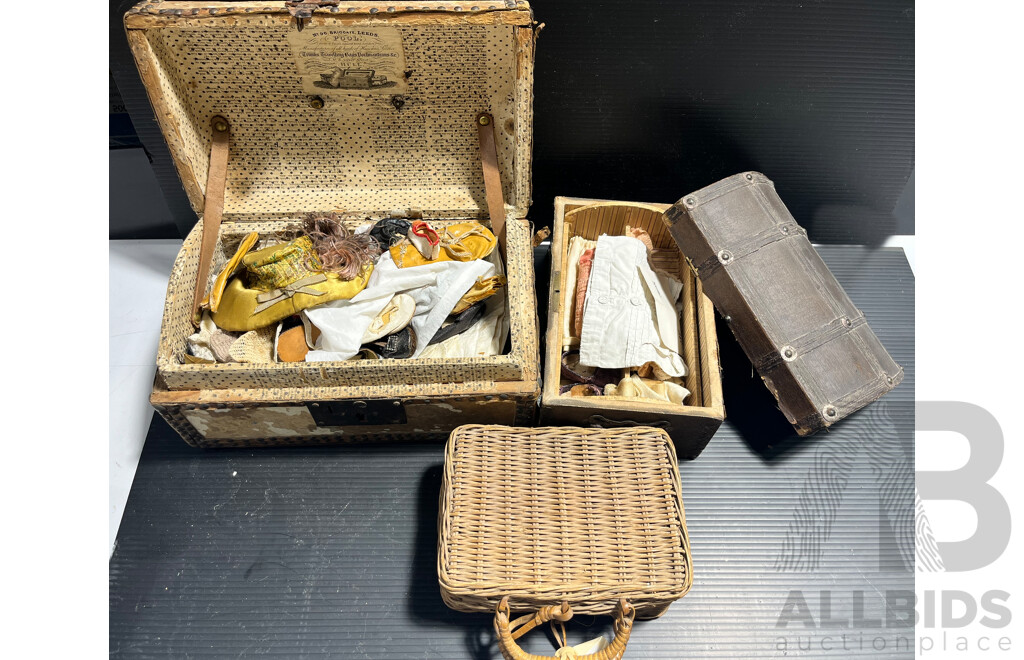 Small Vintage Cane Suitcase, Two Antique Doll Trunks with Clothes and More