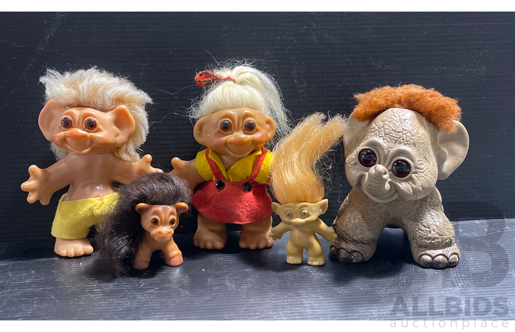 Collection of Five Vintage Troll Dolls Includes Unusual Baby Elephant Troll, Baby Cow Troll and More