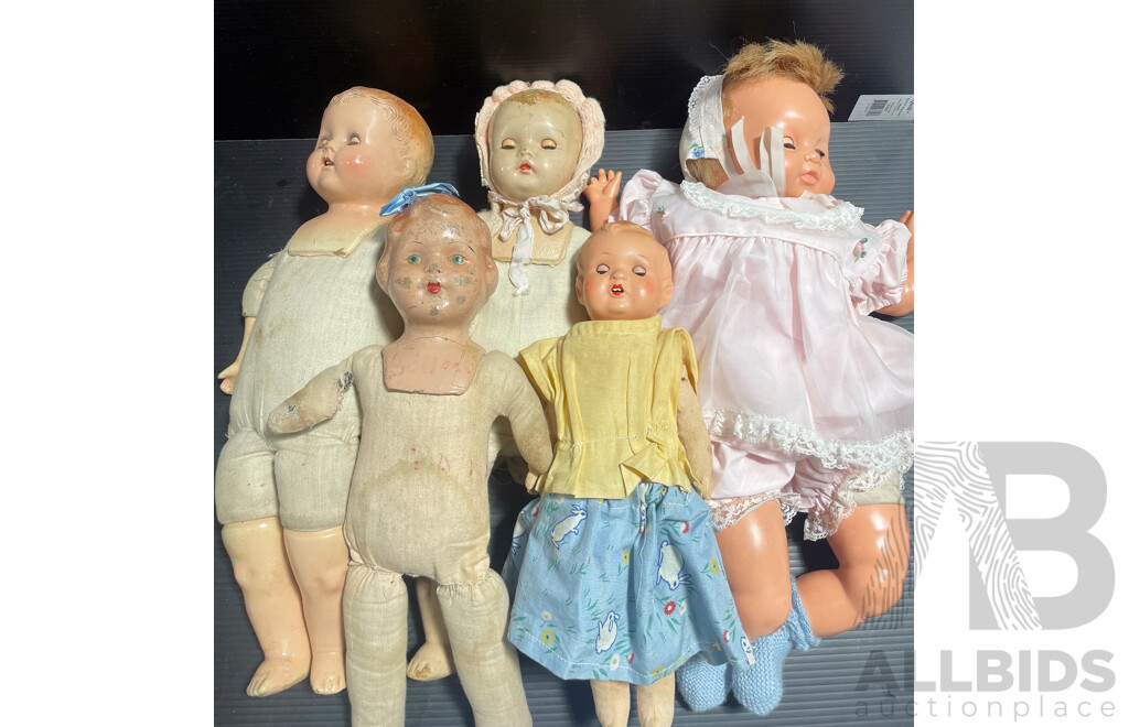 Collection of Five Antique and Vintage Baby Dolls Includes Canadian Dee & Cee Doll and More