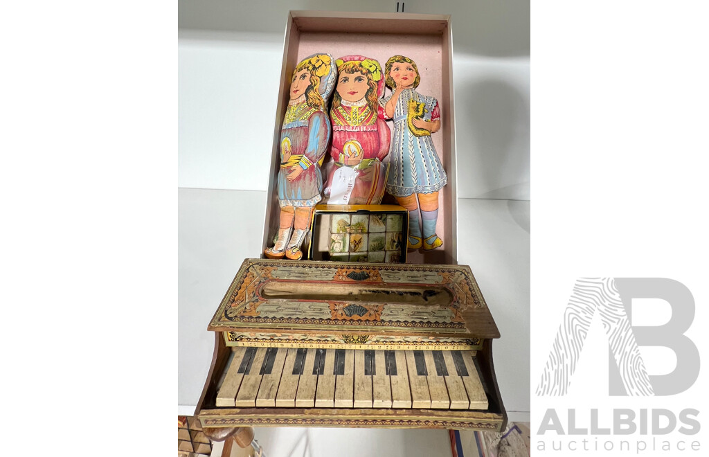 Collection of Vintage Toys and Cloth Dolls Including Block Puzzel, Piano and Farm Set