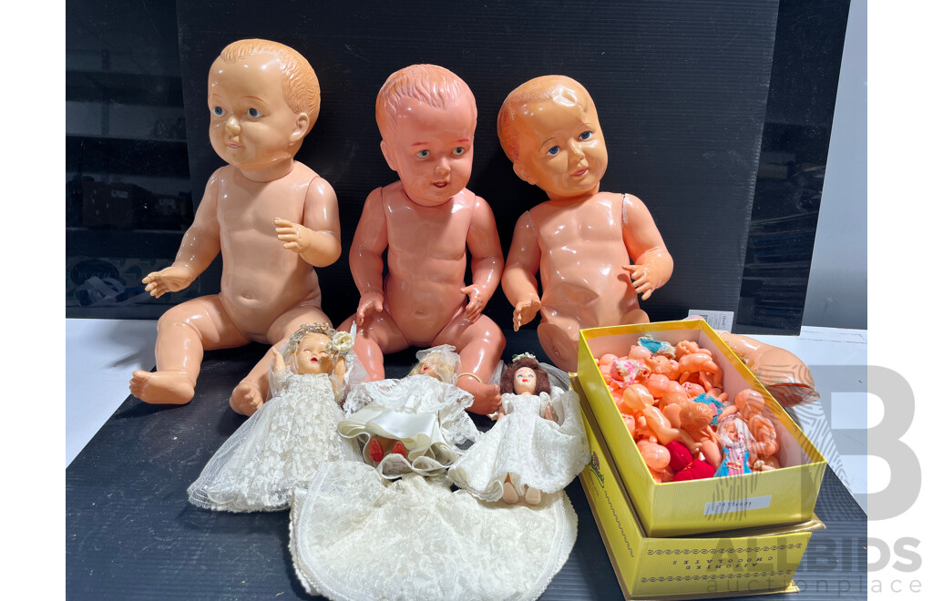 Collection of Vintage Dolls Includes Large Japanese Celluloid Dolls, Plastic Bride Dolls, Box of Small Mixed Dolls and Parts and More