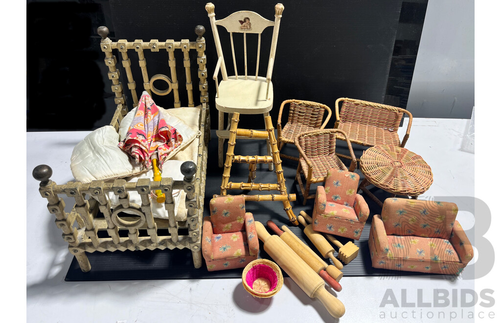 Collection of Vintage Doll Furniture and Accessories Includes Bed, Umbella, High Chair, Cane Outdoor Setting and More