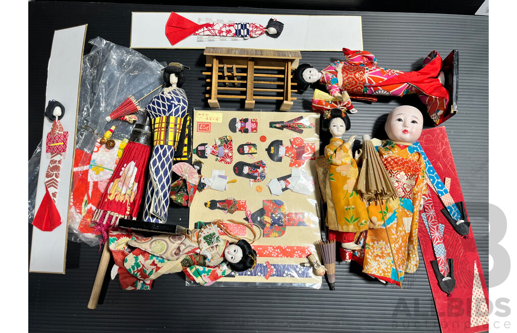 Collection of Vintage Japanese Dolls Includes Paper Dolls, Porcelain Dolls and More