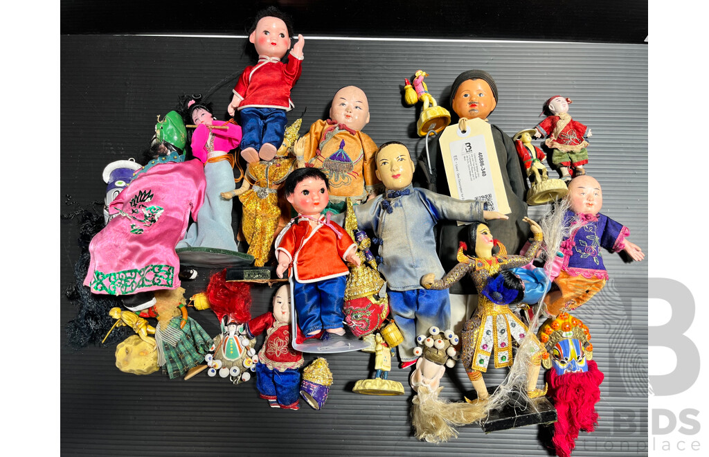 Collection of Vintage Chinese and Thai Dolls Includes Composite Plaster and Cloth Dolls, Opera Masks and More