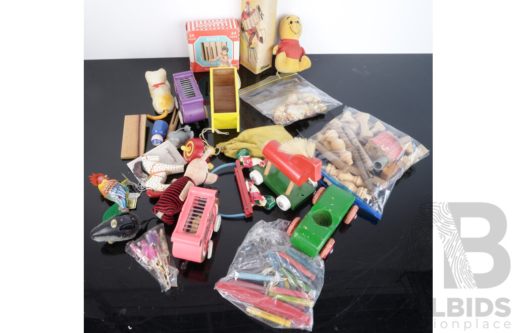 Collection of Vintage Childrens Toys Includes Swedish Wooden Clown in Box, Winnie the Pooh and Piglet Soft Toys, Winterthur Museum Horse and More
