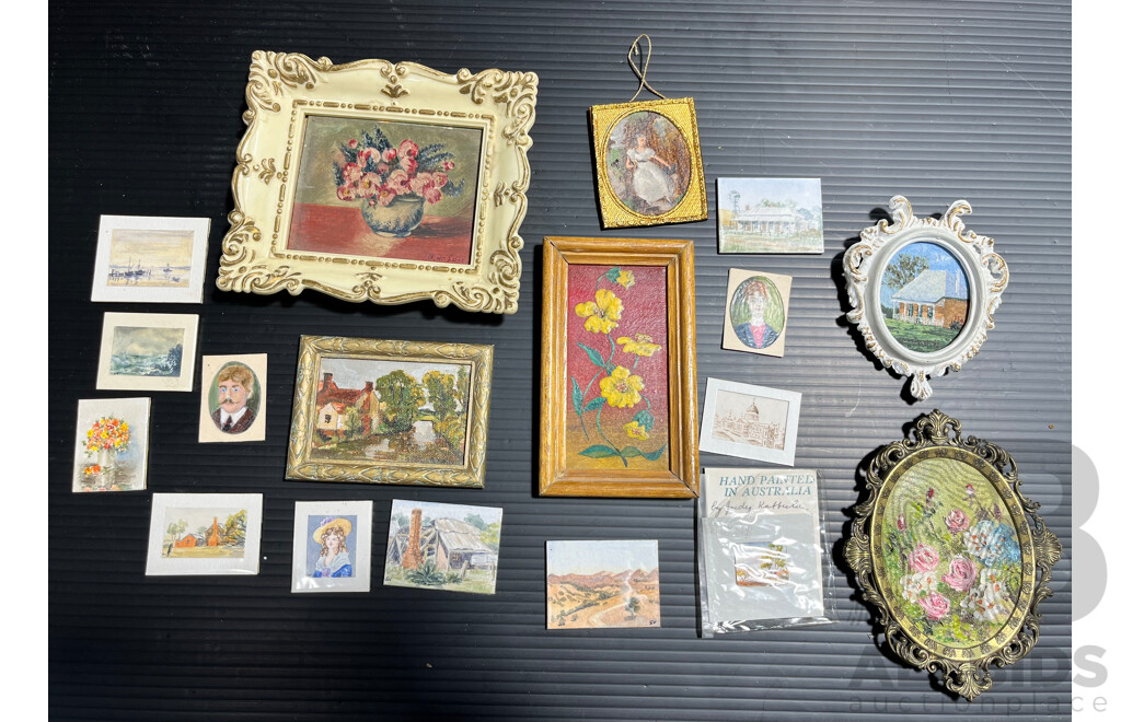 Collection of Vintage Original Artwork for Dollhouses Includes Hand Painted Still Life and Lanscape Scenes