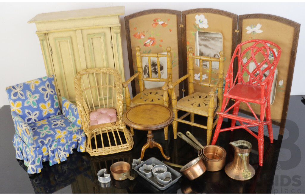 Collection of Antique and Vintage Doll Furniture and Accessories for Larger Dolls Including Wardrobe, Brass Inlaid Wine Table, Folding Screen and More