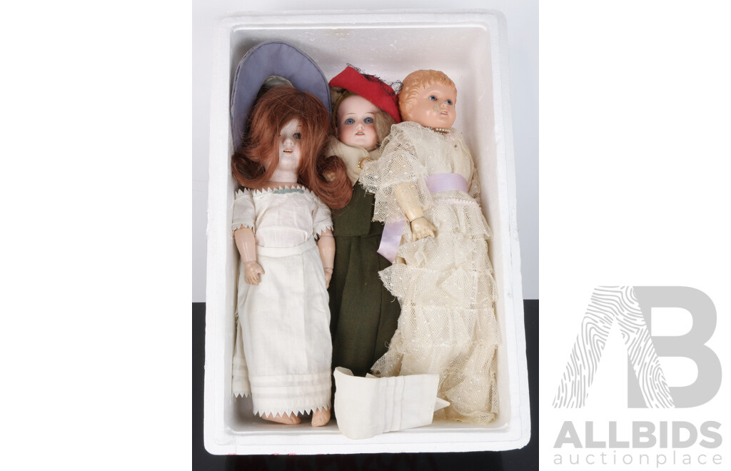 Three Antique German Dolls Includes 1916 Bergmann Waltershausen Doll, Unusual Metal Head Doll, All Marked