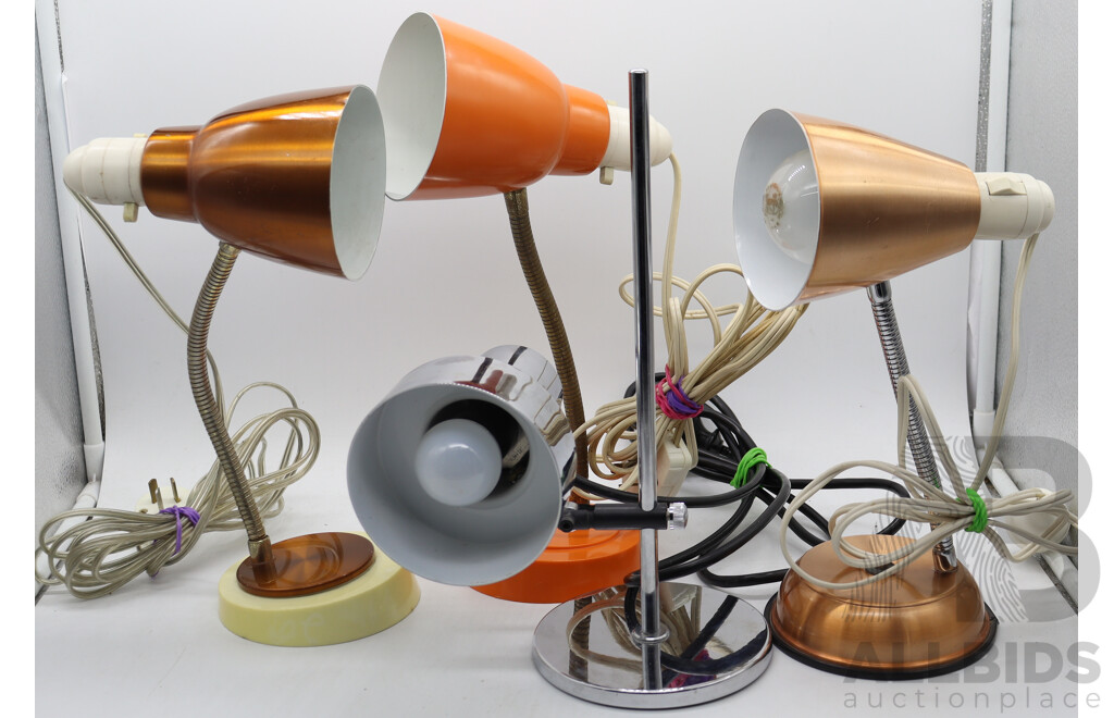 Collection Four Retro Desk Lamps with Adjustable Necks with Two Anodized Aluminum Examples