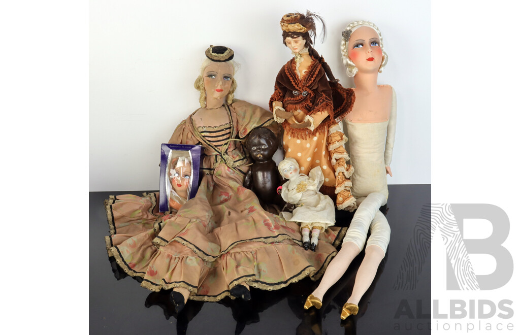 Collection of Five Antique and Vintage Dolls Includes Standing Wax Doll Dated 1873, Silk Painted Boudoir Dolls and More