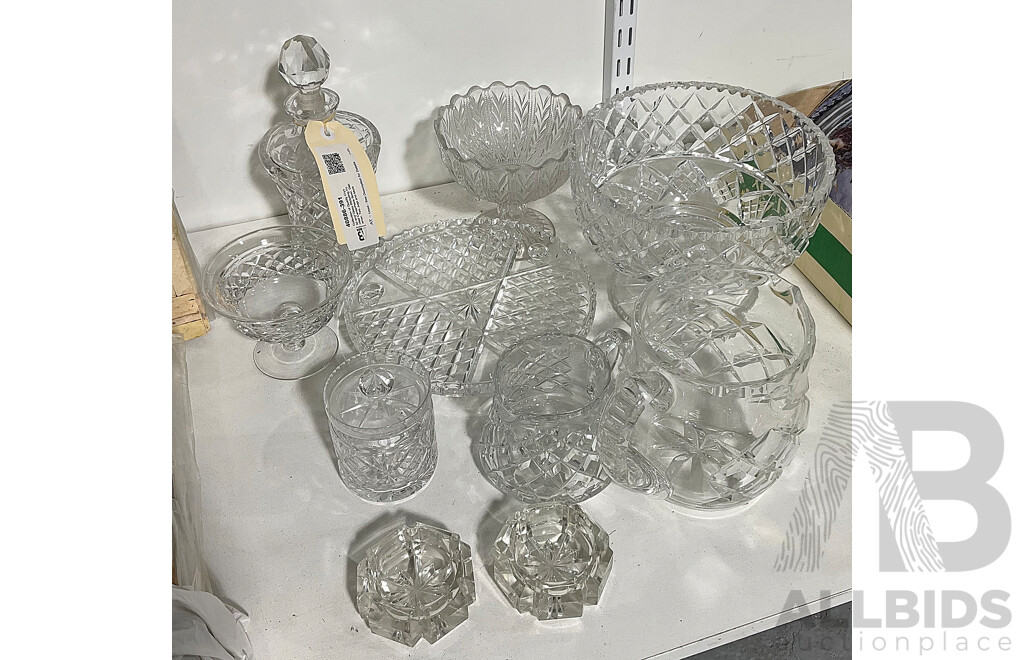 Collection of Quality Crystal and Glass INcluding Footed CenterPiece Bowl, Decanter, Two Jugs and More