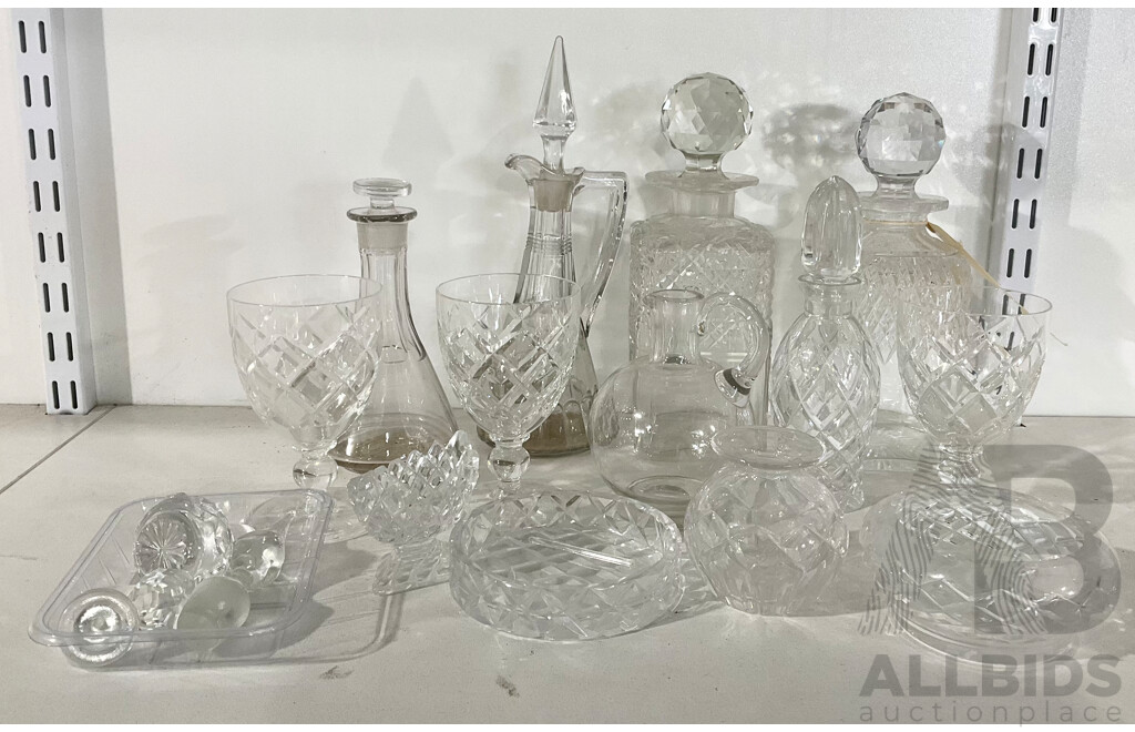 Collection of Quality Crystal and Glass Including Stemware, Decanters, Five Stoppers and More