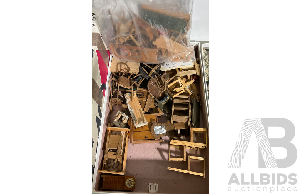 Collection of Antique and Vintage Dolls House Furniture Includes Bent Cane Suite, Kitchen Furniture, Bedroom Bits, Spares and More