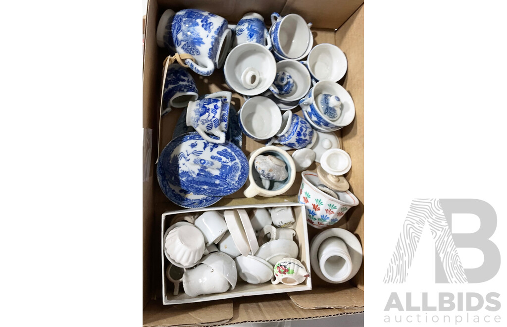 Collection of Vintage China for Dolls Includes Japanese Transor Ware, Blue and White Willow, Japanese Painted Items and More