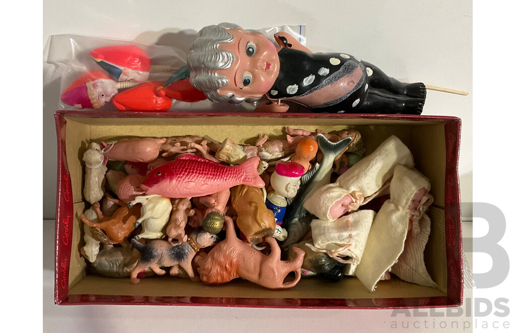 Large Collection of Vintage Celluloid Toys Includes Clown Rattles, Marked Walt Disney, Kewpie Dolls, Animals and More