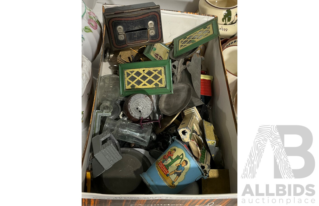Large Collection of Antique and Vintage Metal Doll House Miniatures Includes Fireplaces, Tootsie Toys, Bent Wire Chair Set and More