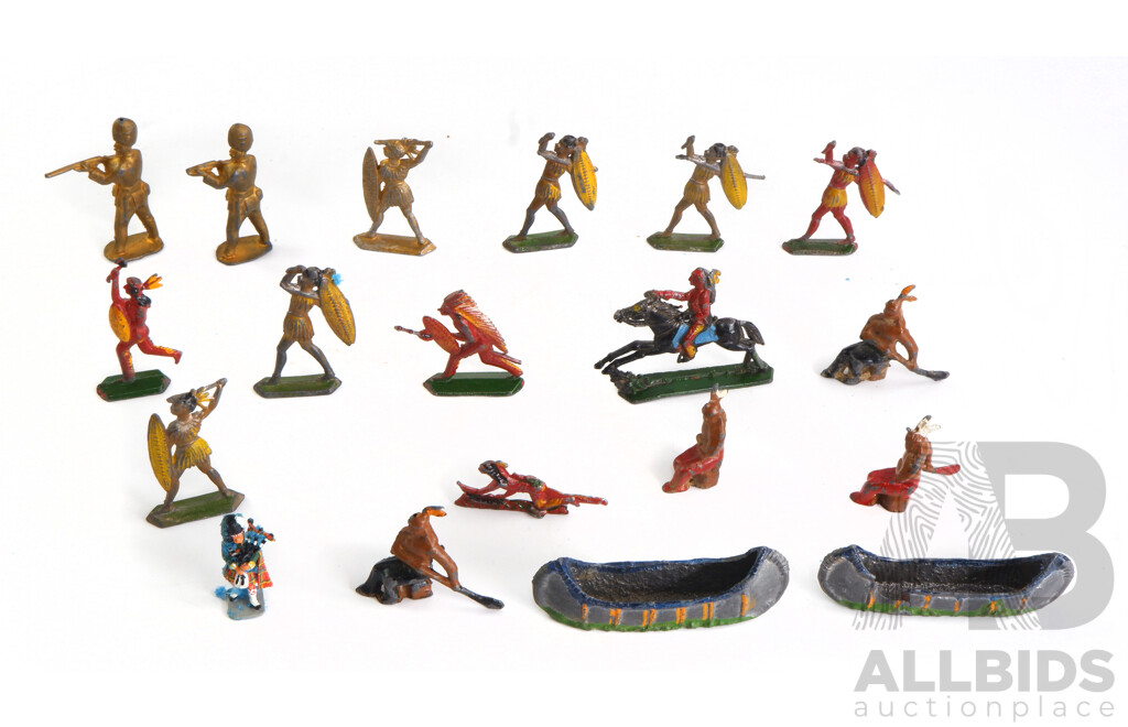 Quantity of Vintage Metal Figures Includes Cowboy, Indians, Soldiers, Boxed Highland Piper and More