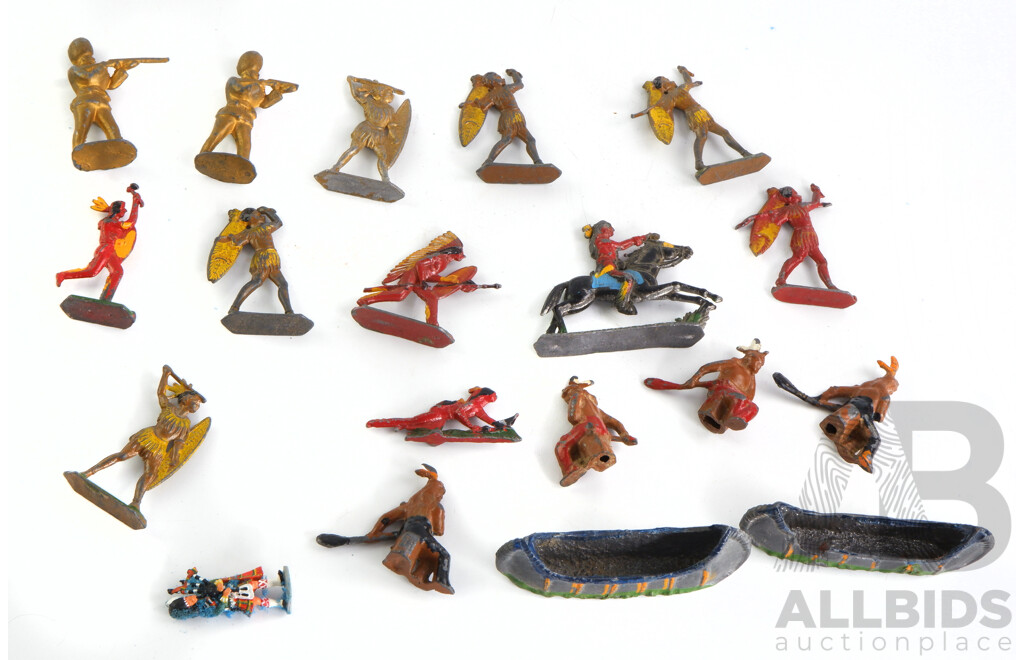 Quantity of Vintage Metal Figures Includes Cowboy, Indians, Soldiers, Boxed Highland Piper and More