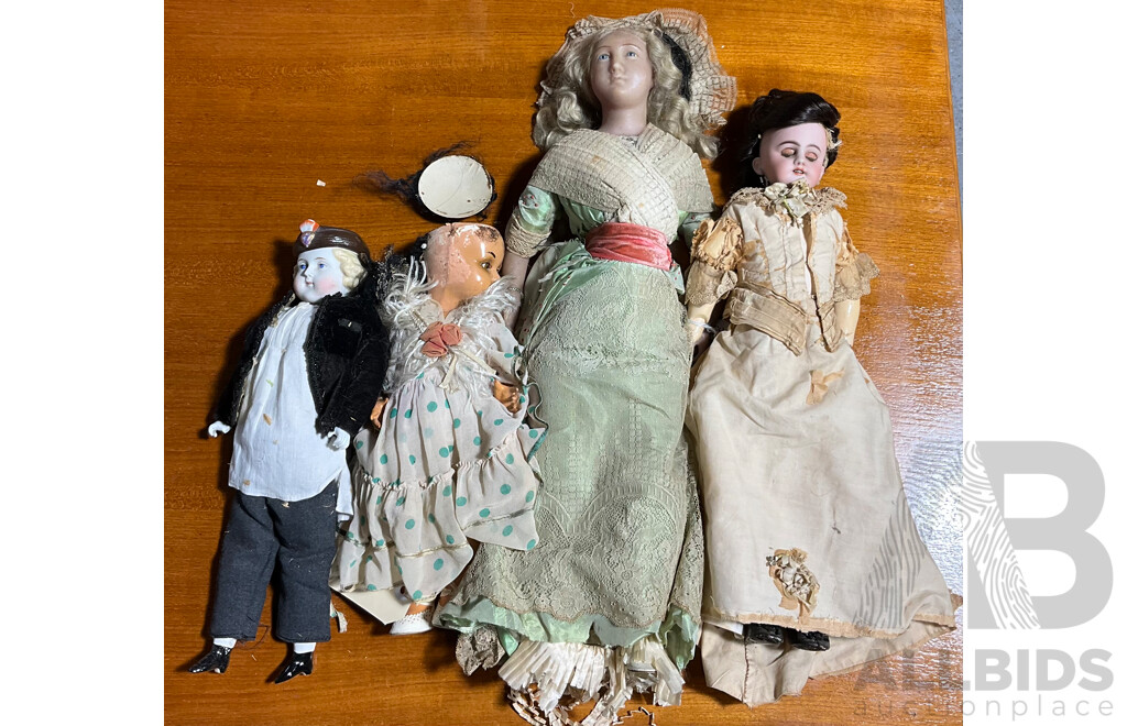 Collection of Four Antique and Vintage Dolls Includes Wax Doll, German Wimpern Marked Doll and More