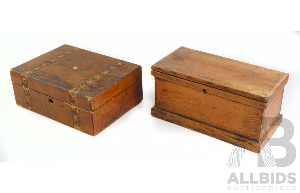 Early Lidded Pine Box with Nice Patina Along with Antique Tunbridge Ware Wooden Box, Losses